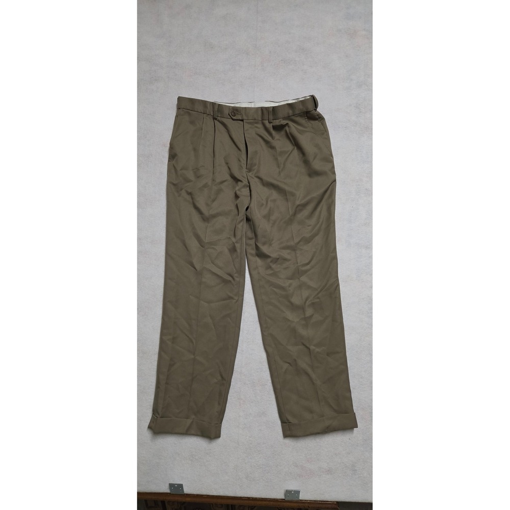 George Pleated Cuffed Dress Pants 34x30 Olive Brown Business Casual Trousers